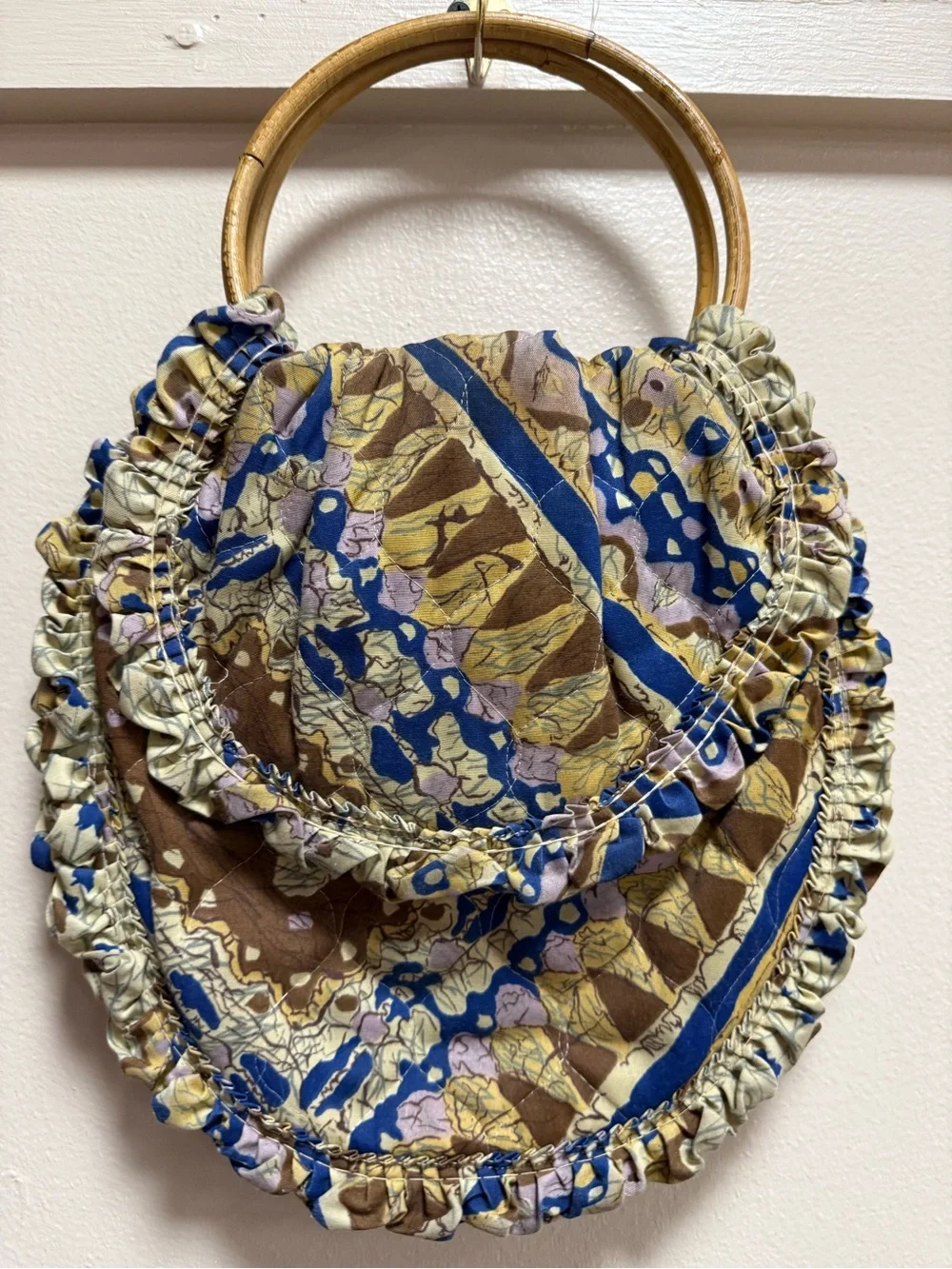 Handmade Vntg Quilted Ruffle Handbag Bamboo Ring Handles Boho Cottagecore Purse